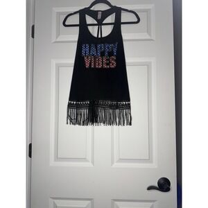 Way To Celebrate Patriotic Tank Top Large 11-13 Happy Vibes Black Fringe